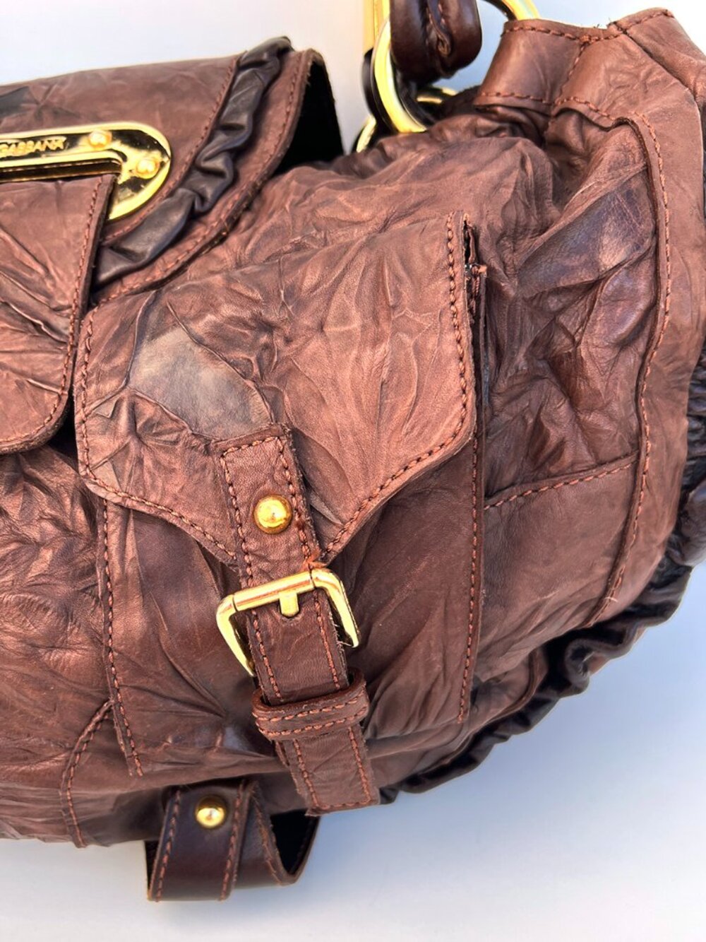 Authentic DOLCE & GABBANA Mainline Brown Crinkled Leather Braided Hobo Bag Y2K - Picture 8 of 13